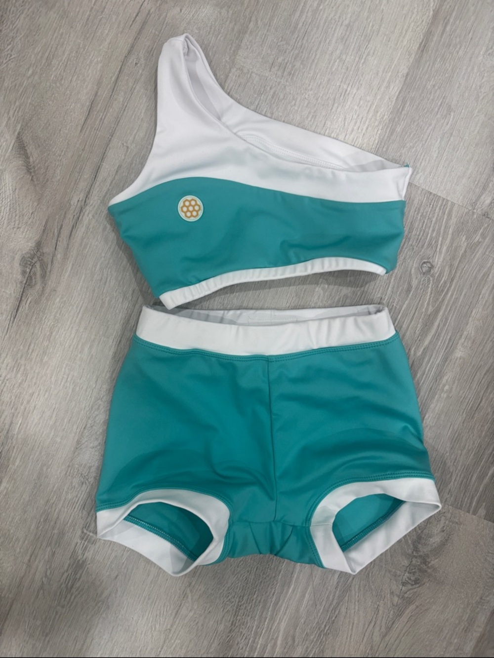 Honey cut Two-Piece Teal and White dance wear  Set
